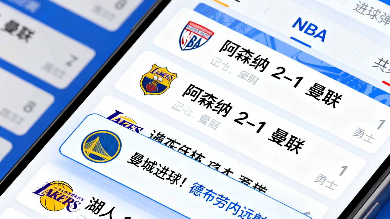 看个球闪电比分界面，展示英超、NBA等多场实时比分与进球弹窗提醒